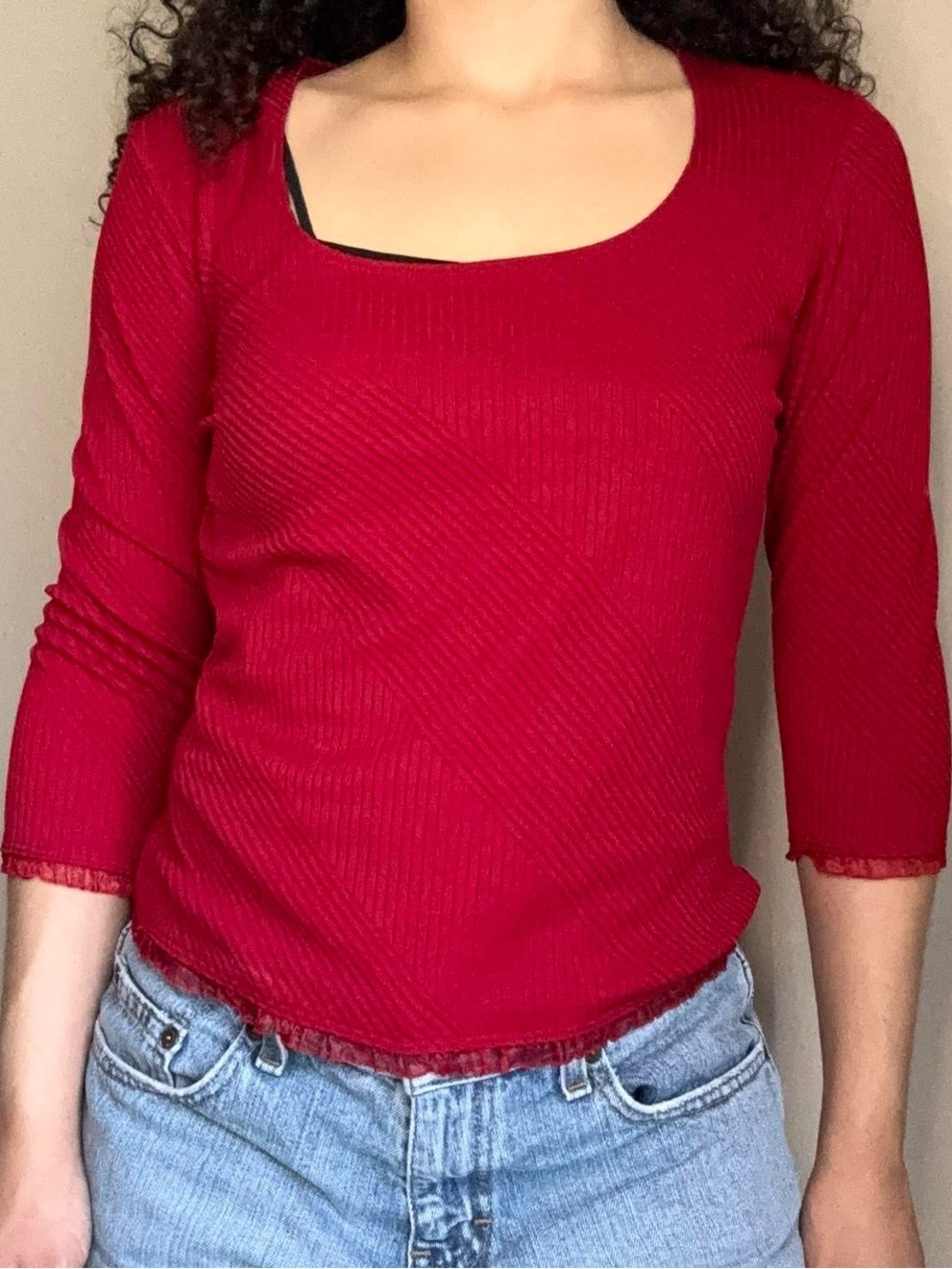 Y2K Red Ribbed Scoop Neck Top - Picture 4 of 4
